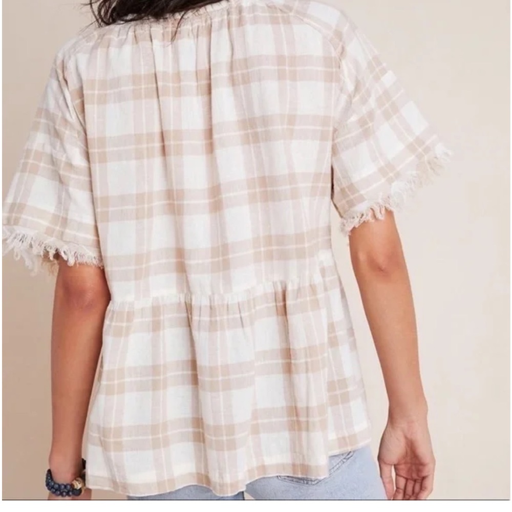 PILCRO Anthropologie Bette Babydoll Plaid Top Tan Neutral L - Picture 5 of 5